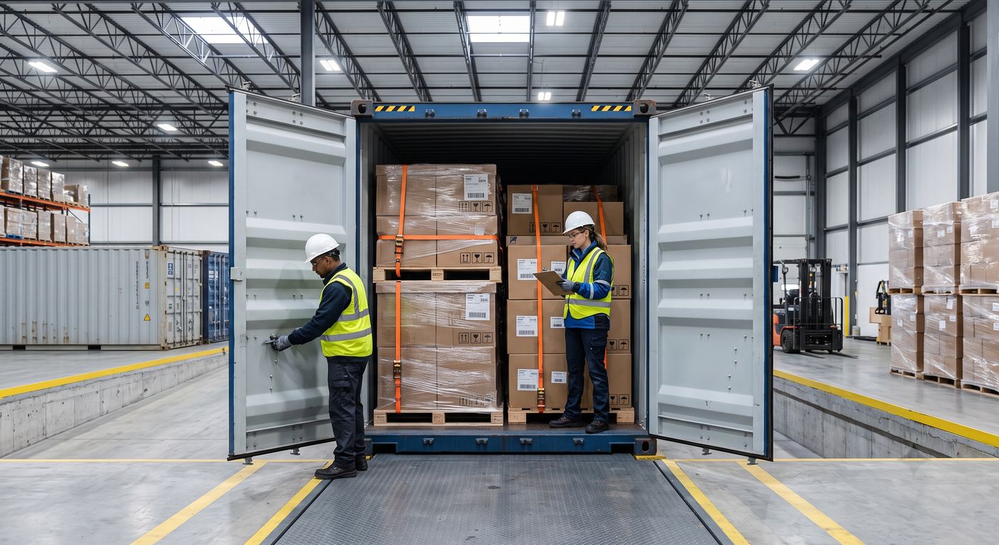 Two dock workers securing and checking pallets inside an open shipping container.