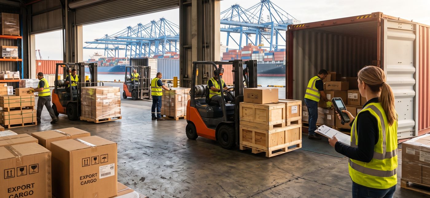 Workers checking pallets and export cargo boxes in a warehouse with container ships docked outside.