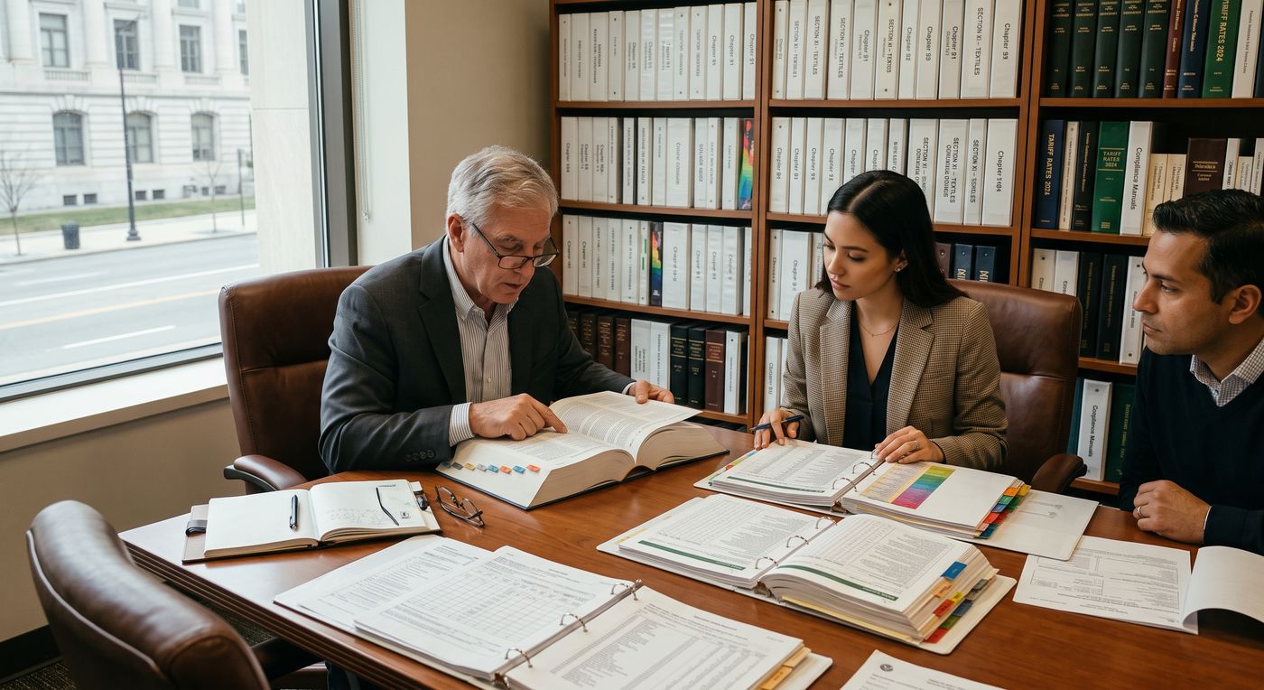 Three colleagues reviewing tariff and compliance binders together at a conference table.